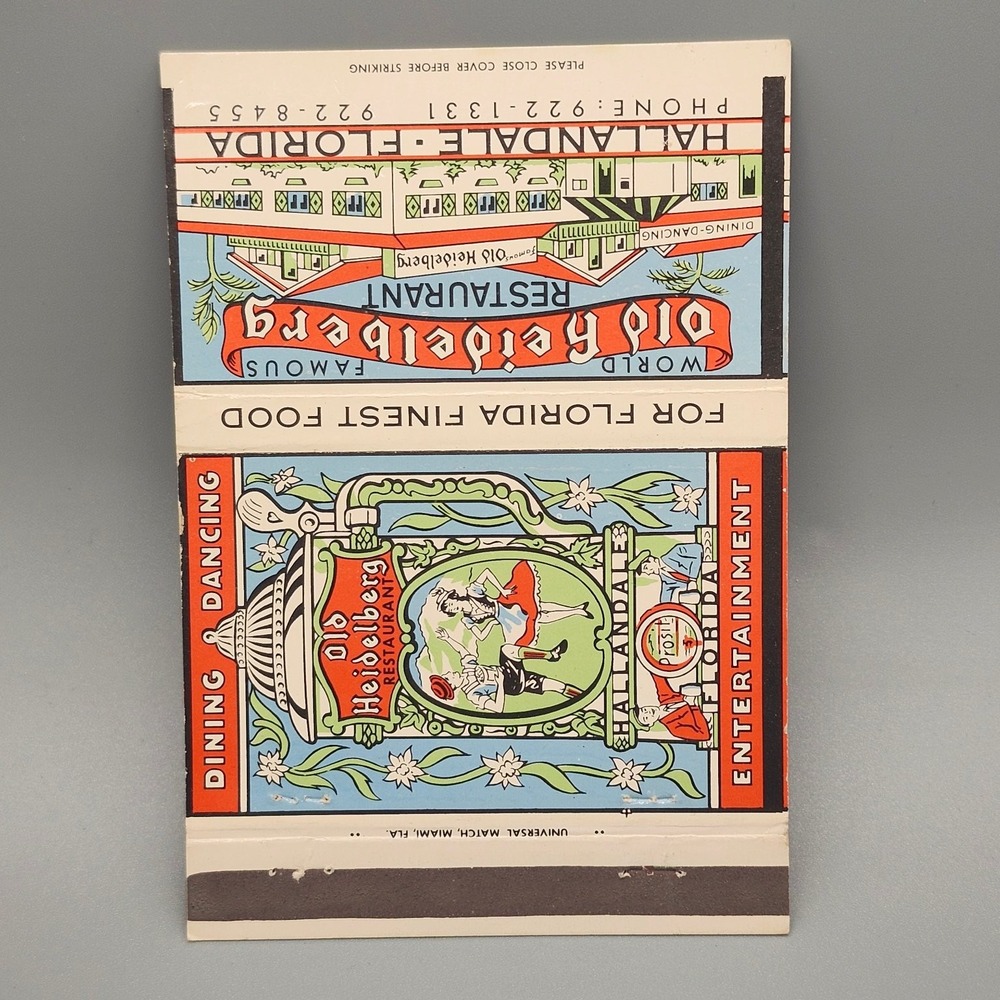 Vintage Old Heidelberg Restaurant Matchbook Cover Hallandale Florida Dining